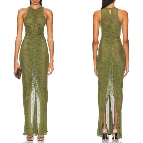 Retrofete Marsann Crystal Embellished Ruched Sheer Green Maxi Dress Size Large - Picture 3 of 11